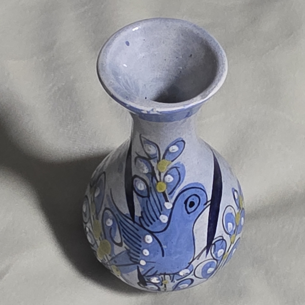 Handcrafted Blue Ceramic Vase with Bird Design